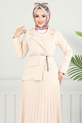 moda selvim Kruvaze Yaka Tesettür Elbise 4747ZNK903-M Taş - Thumbnail