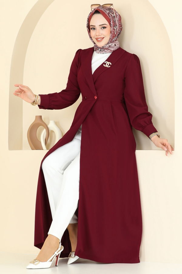 Modaselvim Kap / Kaban Kruvaze Yaka Tesettür Kap 6214BSK463 Bordo