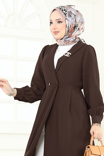 moda selvim Kruvaze Yaka Tesettür Kap 6214BSK463 Kahve - Thumbnail