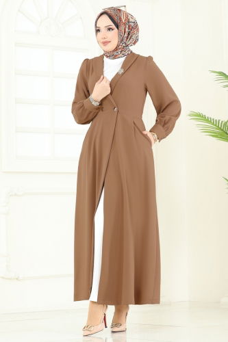 moda selvim Kruvaze Yaka Tesettür Kap 6214BSK463 Latte - Thumbnail