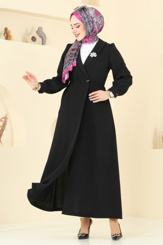 moda selvim Kruvaze Yaka Tesettür Kap 6214BSK463 Siyah - Thumbnail