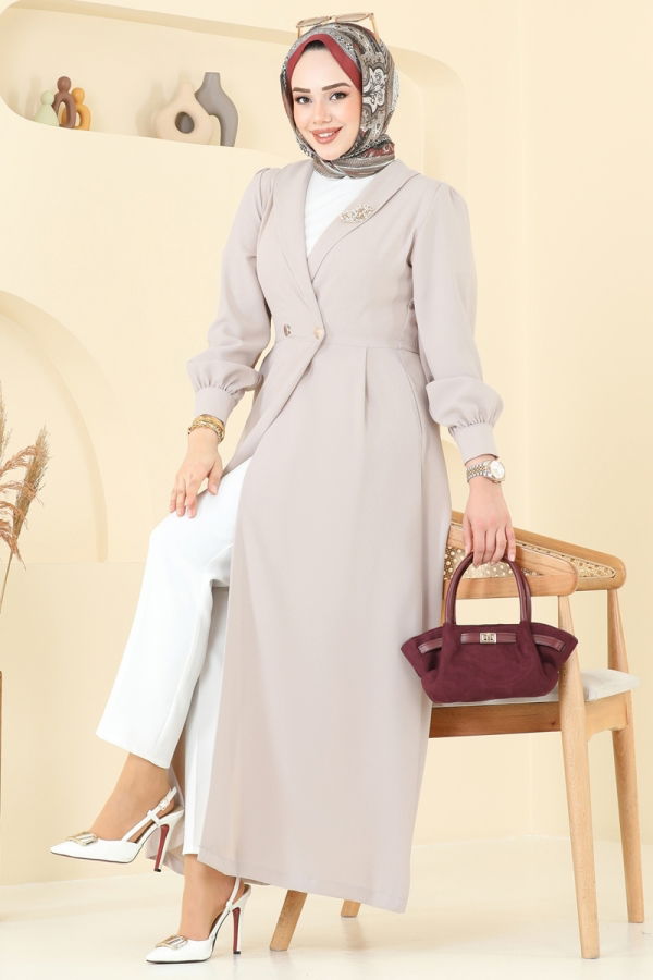Modaselvim Kap / Kaban Kruvaze Yaka Tesettür Kap 6214BSK463 Taş