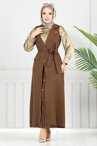 moda selvim Kruvaze Yaka Tesettür Takım 23100UKB929-M Kahve - Thumbnail