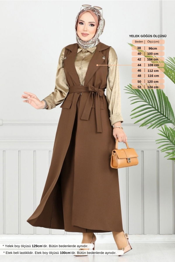 Modaselvim Kombin Kruvaze Yaka Tesettür Takım 23100UKB929-M Kahve