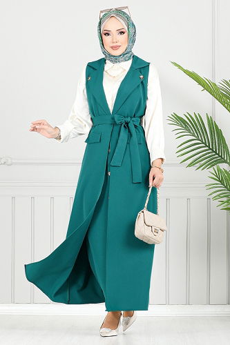 moda selvim Kruvaze Yaka Tesettür Takım 23100UKB929-M Petrol - Thumbnail
