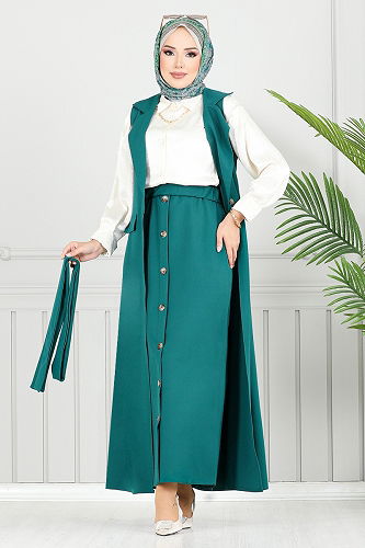 moda selvim Kruvaze Yaka Tesettür Takım 23100UKB929-M Petrol - Thumbnail