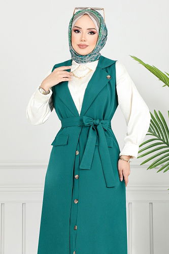 moda selvim Kruvaze Yaka Tesettür Takım 23100UKB929-M Petrol - Thumbnail