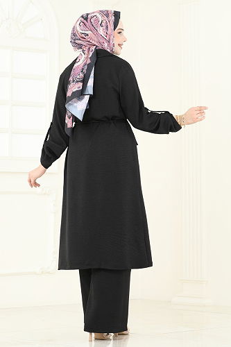 moda selvim Kruvaze Yaka Tesettür Takım 2584MP806 Siyah - Thumbnail