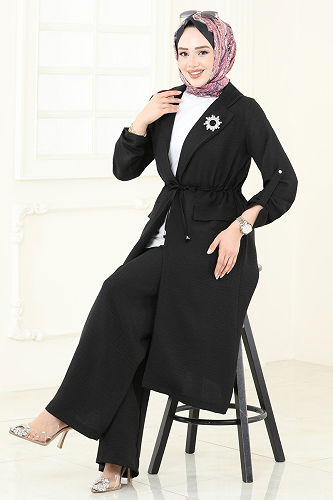 moda selvim Kruvaze Yaka Tesettür Takım 2584MP806 Siyah - Thumbnail