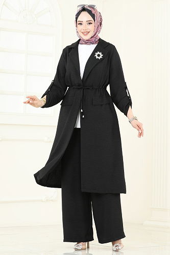 moda selvim Kruvaze Yaka Tesettür Takım 2584MP806 Siyah - Thumbnail