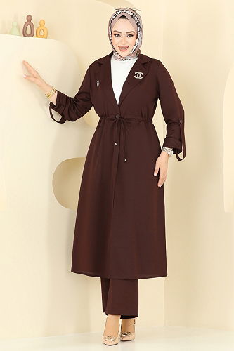 moda selvim Kruvaze Yaka Tesettür Takım PL9140 Kahve - Thumbnail