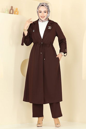 moda selvim Kruvaze Yaka Tesettür Takım PL9140 Kahve - Thumbnail