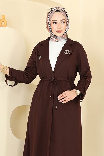 moda selvim Kruvaze Yaka Tesettür Takım PL9140 Kahve - Thumbnail