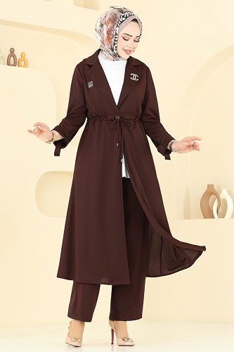 moda selvim Kruvaze Yaka Tesettür Takım PL9140 Kahve - Thumbnail