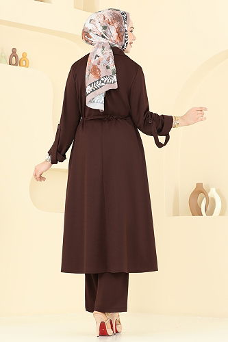 moda selvim Kruvaze Yaka Tesettür Takım PL9140 Kahve - Thumbnail