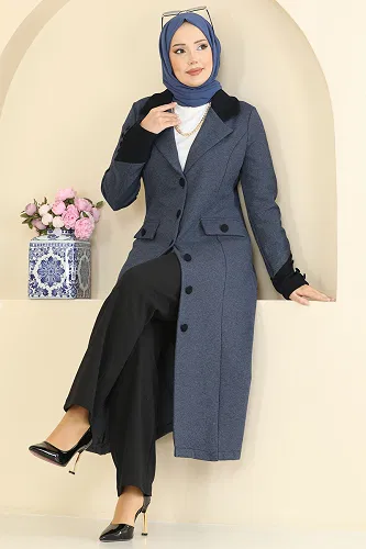 moda selvim Kruvaze Yaka Tivit Kombin 2795SL432 İndigo&Siyah - Thumbnail