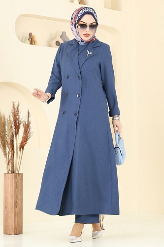 moda selvim Kruvaze Yaka Üçlü Takım 2653SL432 İndigo - Thumbnail