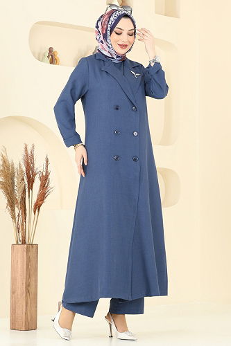 moda selvim Kruvaze Yaka Üçlü Takım 2653SL432 İndigo - Thumbnail