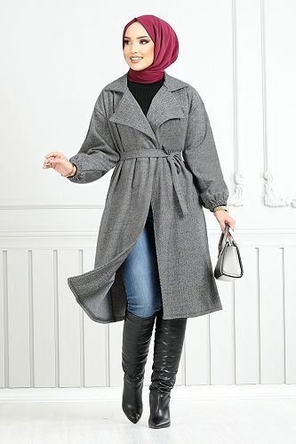 moda selvim Kruvaze Yakalı Balıksırtı Kap 2520HBS932-M Gri - Thumbnail