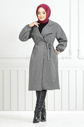 moda selvim Kruvaze Yakalı Balıksırtı Kap 2520HBS932-M Gri - Thumbnail