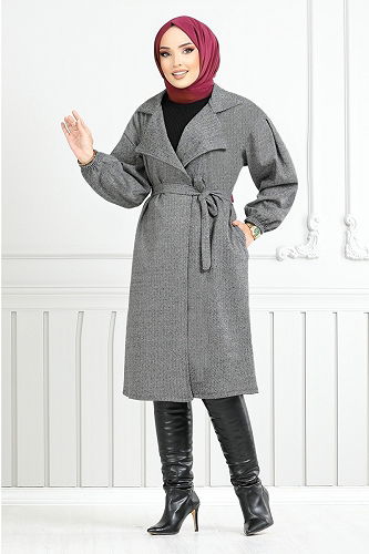 moda selvim Kruvaze Yakalı Balıksırtı Kap 2520HBS932-M Gri - Thumbnail