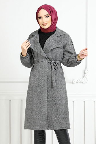 moda selvim Kruvaze Yakalı Balıksırtı Kap 2520HBS932-M Gri - Thumbnail