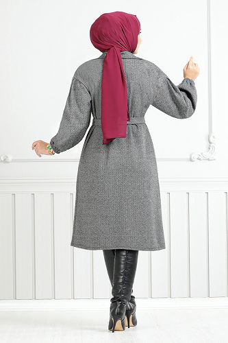 moda selvim Kruvaze Yakalı Balıksırtı Kap 2520HBS932-M Gri - Thumbnail