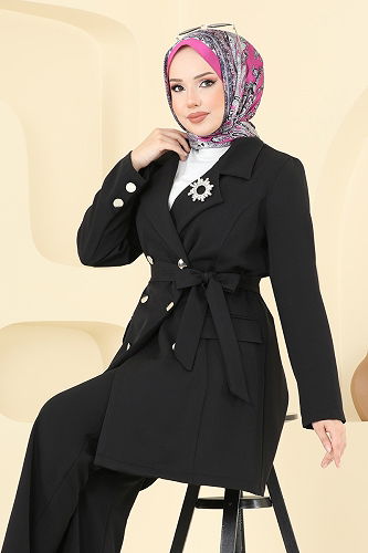 moda selvim Kruvaze Yakalı Ceket Takım 2643SL432 Siyah - Thumbnail