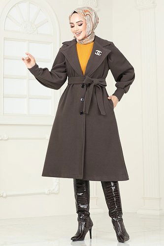 moda selvim Kruvaze Yakalı Kaşe Kaban 905MSA980 Koyu Vizyon - Thumbnail