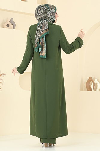 moda selvim Kruvaze Yakalı Üçlü Takım 8036AB368 Haki - Thumbnail