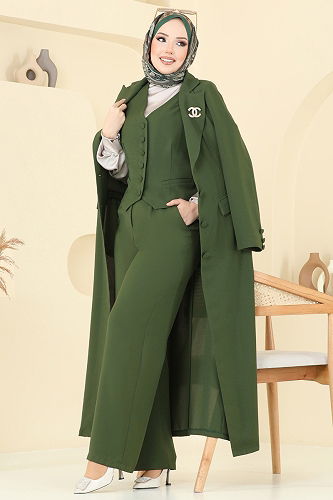 moda selvim Kruvaze Yakalı Üçlü Takım 8036AB368 Haki - Thumbnail