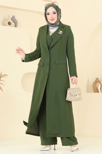 moda selvim Kruvaze Yakalı Üçlü Takım 8036AB368 Haki - Thumbnail