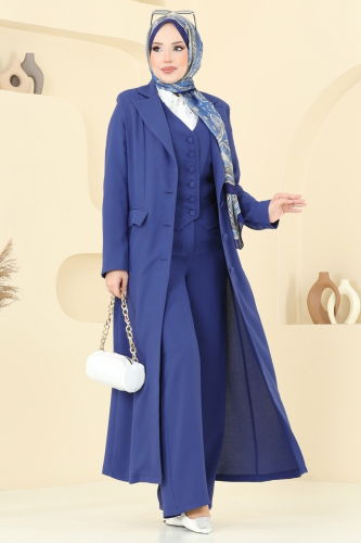moda selvim Kruvaze Yakalı Üçlü Takım 8036AB368 İndigo - Thumbnail
