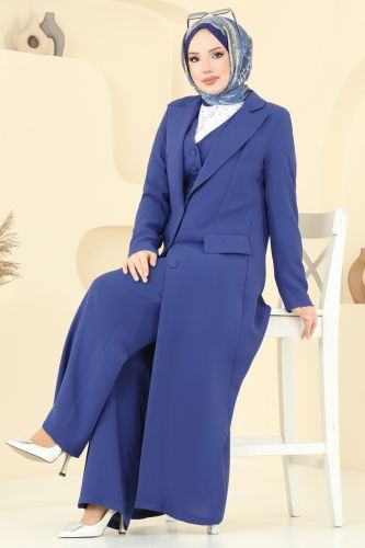 moda selvim Kruvaze Yakalı Üçlü Takım 8036AB368 İndigo - Thumbnail