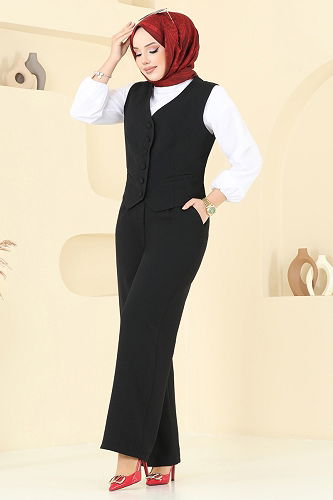 moda selvim Kruvaze Yakalı Üçlü Takım 8036AB368 Siyah - Thumbnail