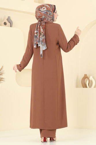 moda selvim Kruvaze Yakalı Üçlü Takım 8036AB368 Taba - Thumbnail