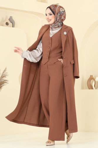 moda selvim Kruvaze Yakalı Üçlü Takım 8036AB368 Taba - Thumbnail