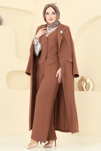 moda selvim Kruvaze Yakalı Üçlü Takım 8036AB368 Taba - Thumbnail