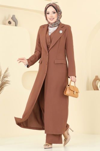 moda selvim Kruvaze Yakalı Üçlü Takım 8036AB368 Taba - Thumbnail