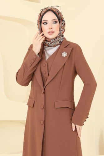 moda selvim Kruvaze Yakalı Üçlü Takım 8036AB368 Taba - Thumbnail