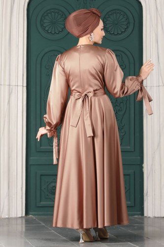 moda selvim Kuğu Saten Abiye 1858AY342 Bronz - Thumbnail