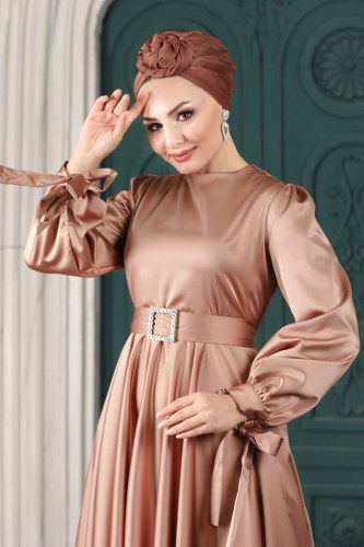 moda selvim Kuğu Saten Abiye 1858AY342 Bronz - Thumbnail