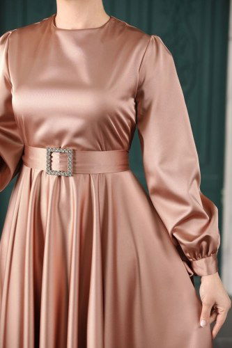moda selvim Kuğu Saten Abiye 1858AY342 Bronz - Thumbnail