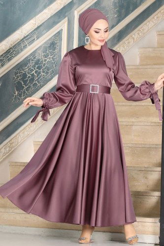 moda selvim Kuğu Saten Abiye 1858AY342 Koyu Lila - Thumbnail