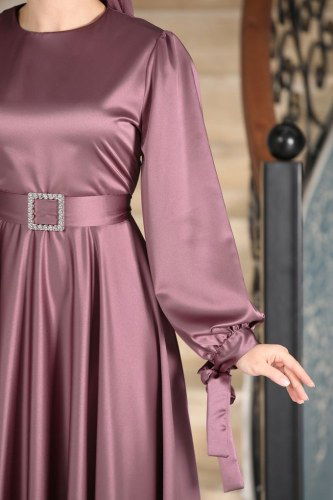 moda selvim Kuğu Saten Abiye 1858AY342 Koyu Lila - Thumbnail