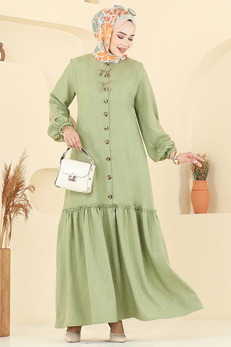 moda selvim Kurdela Detaylı Sofia Elbise 4115PM271 Çağla - Thumbnail