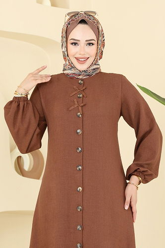 moda selvim Kurdela Detaylı Sofia Elbise 4115PM271 Kahve - Thumbnail
