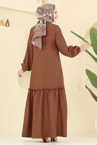 moda selvim Kurdela Detaylı Sofia Elbise 4115PM271 Kahve - Thumbnail