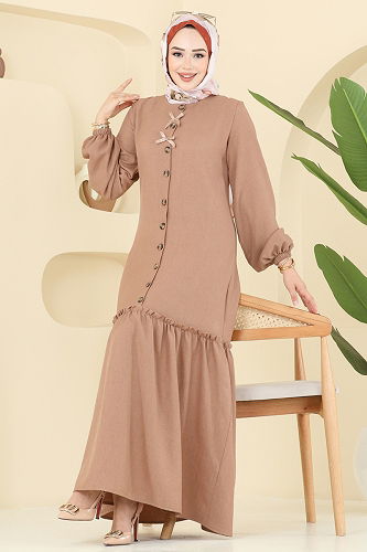 moda selvim Kurdela Detaylı Sofia Elbise 4115PM271 Latte - Thumbnail