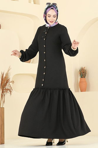 moda selvim Kurdela Detaylı Sofia Elbise 4115PM271 Siyah - Thumbnail